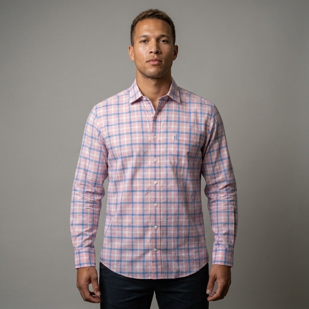 johnnie-O Hangin‎ Out Mens Medium Pink Blue Plaid Cotton Button Down Shirt